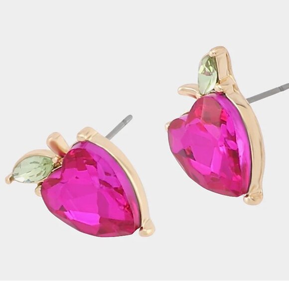 NWT Betsey Johnson APPLE STUD EARRING PINK DIAMOND Heart Teacher Jewelry School - Picture 5 of 7